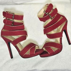 Liliana Red/Gold Stiletto Heels w/ Crisscross Straps Buckles SWAG DIVA CLUB BOLD